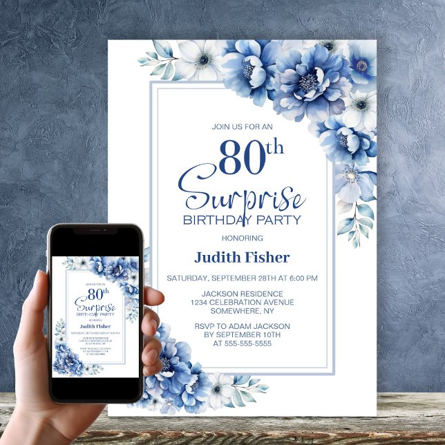Invitation Moderne Blue Floral Surprise 80e fête d'anniversai (Créateur téléchargé)