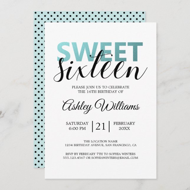 Invitation Moderne Blue Foil Élégant Sweet 16 (Devant / Derrière)