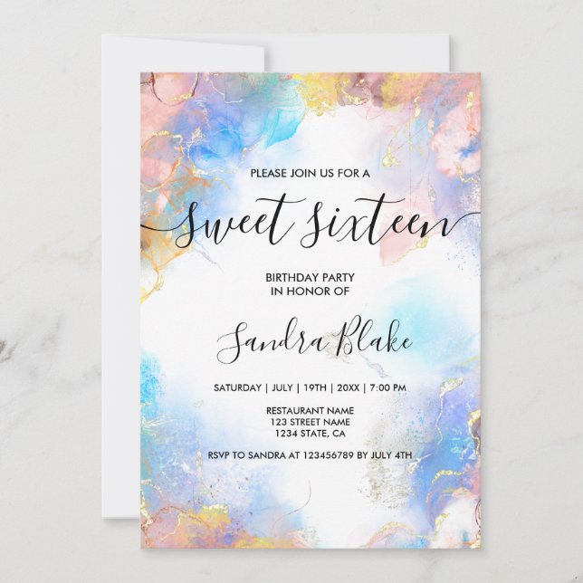 Invitation Moderne Blue Gold Girly tendance Sweet 16 Invitati (Devant)