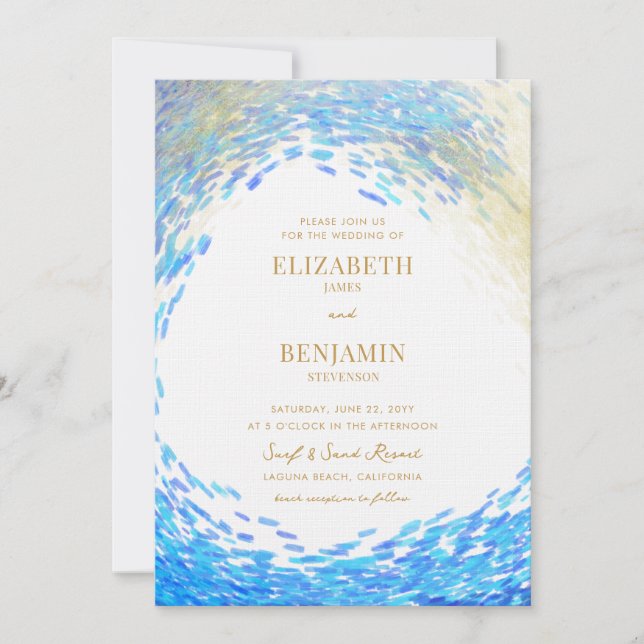 Invitation Moderne Blue Gold Splash Surfer Wave Beach Mariage (Devant)