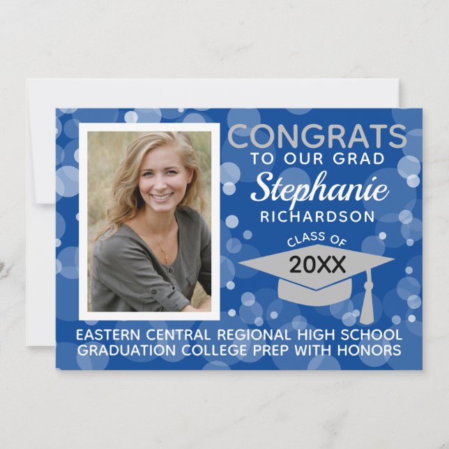 Invitation Moderne Blue Grey Bokeh Bubbles Photo Graduation (Devant)
