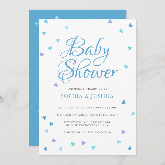 Invitation Moderne Blue Love Hearts Couples Bébé Garçon Douch (Devant / Derrière)