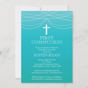 Invitation Moderne Blue Ombre Garland Cross Boy Communion