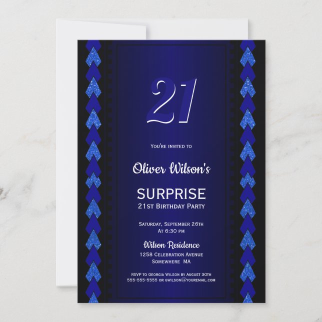 Invitation Moderne Blue Surprise 21e fête d'anniversaire (Devant)