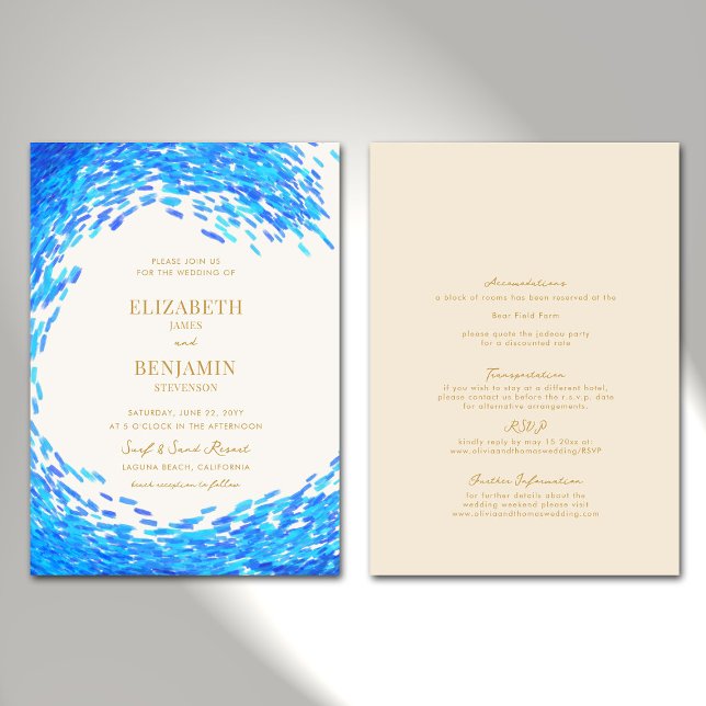 Invitation Moderne Blue Wave Gold Surfer tout en un Mariage (Créateur téléchargé)