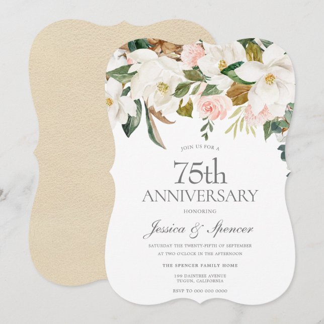 Invitation Moderne Blush Blanc Floral 75e Anniversaire de Mar (Devant / Derrière)