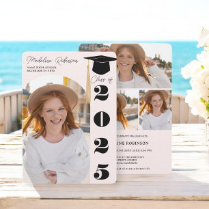 Invitation Moderne Blush et Black 4 photos Graduation