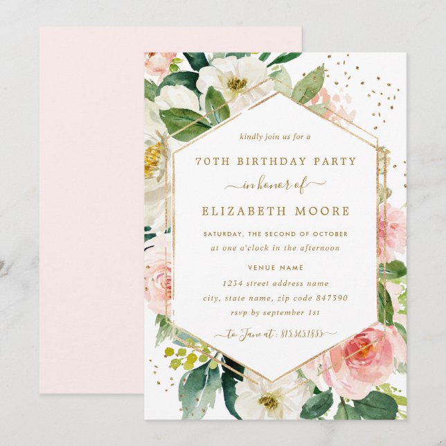 Invitation Moderne Blush or Floral 70e anniversaire Invitatio (Devant / Derrière)