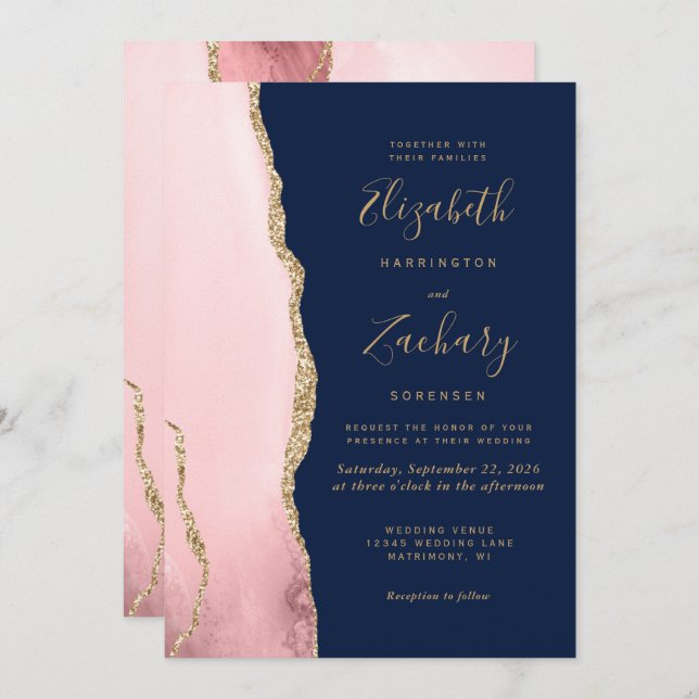 Invitation Moderne Blush Pink Gold Agate Marine Mariage bleu (Devant / Derrière)