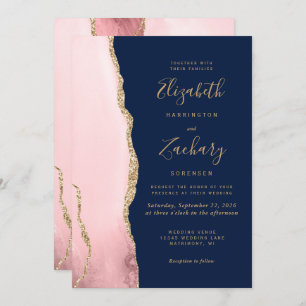 Invitation Moderne Blush Pink Gold Agate Marine Mariage bleu