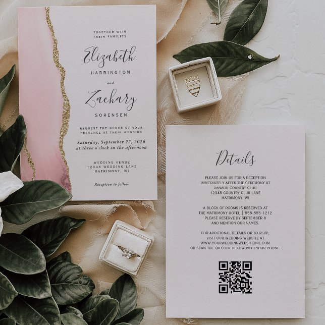 Invitation Moderne Blush Pink Gold Agate QR Code Mariage (Créateur téléchargé)