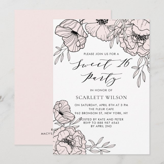 Invitation Moderne Blush Rose Flower Sweet 16 Party Invitatio (Devant / Derrière)