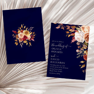 Invitation Moderne Bohème Bleu de Nuit Orange Brûlé Floral Ma