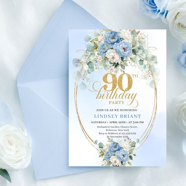 Invitation Moderne Bohème Bleue Florale Dorée pour (Modern Boho Blue Floral Gold 90th Birthday Invite)