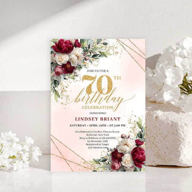 Invitation Moderne Bohème Bourguignon Floral 70 An (Modern Boho Burgundy Floral 70 Years Young Invite)