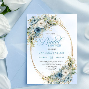 Invitation Moderne Bohème Fleurs Bleu Poussiéreux Mariage Dor