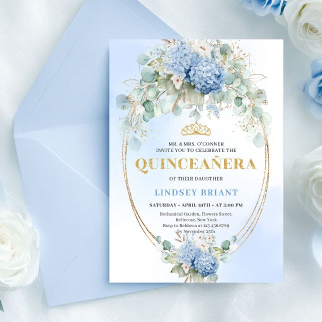 Invitation moderne boho bleu floral or pour les 15 (Modern Boho Blue Floral Gold 15th Birthday Invitation)