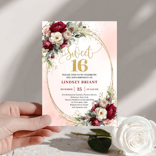 Invitation Moderne Boho Bourgogne Or Fleur 16e Anniversaire   (Modern Boho Burgundy Gold Floral 16th Birthday Invite)