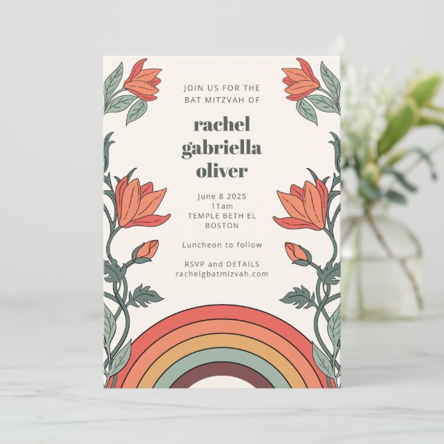 Invitation Moderne Boho Floral Arc-en-ciel Bar Mitzvah Corail (Debout devant)
