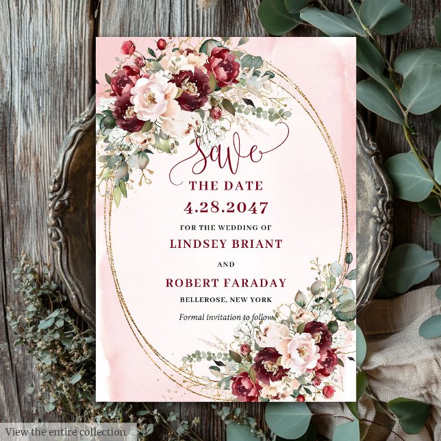 Invitation Moderne Boho Merlot Blush Or Floral Save the Date (Modern Boho Merlot Blush Gold Floral Save Date)