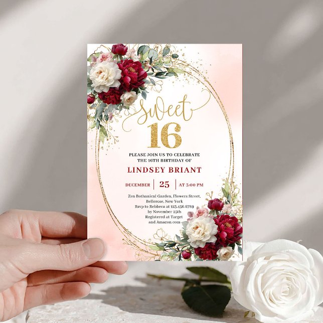 Invitation Moderne Boho Merlot Or Florale Sweet Seize 16ème (Modern Boho Merlot Gold Floral Sweet Sixteen Invite)