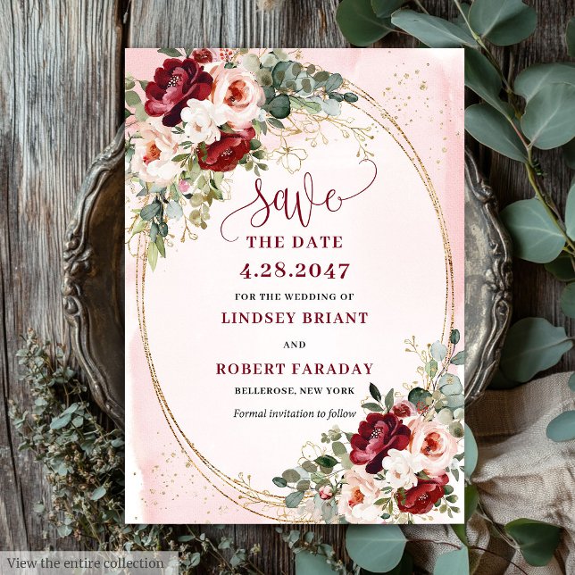 Invitation Moderne Boho Rouge Profond Blush Or Floral Enregis (Modern Boho Deep Red Blush Gold Floral Save Date)