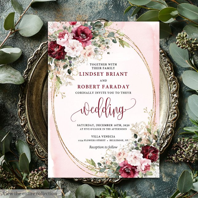 Invitation Moderne Boho Rouge Profond Roses Dorées Fiançaille (Modern Boho Deep Red Blush Gold Roses Sage Wedding Invitation)