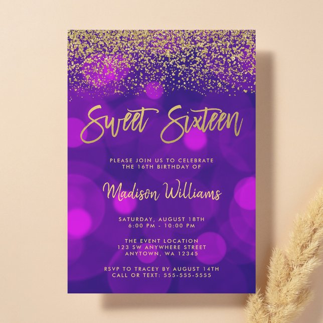 Invitation Moderne Bokeh Violet Pailleté Sweet 16 (Créateur téléchargé)