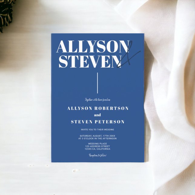 Invitation moderne bold names script bleu photo mariage (Modern bold names script blue photo wedding invitation)
