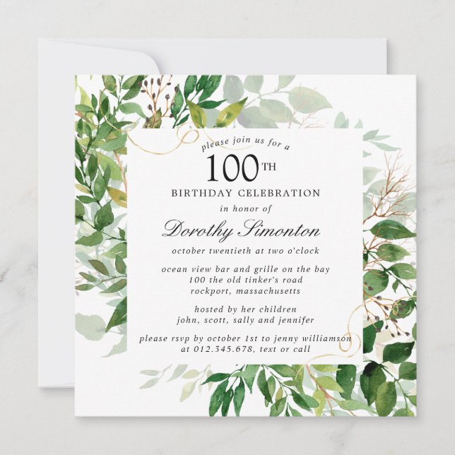 Invitation Moderne Botanique Verte 100e Anniversaire (Devant)