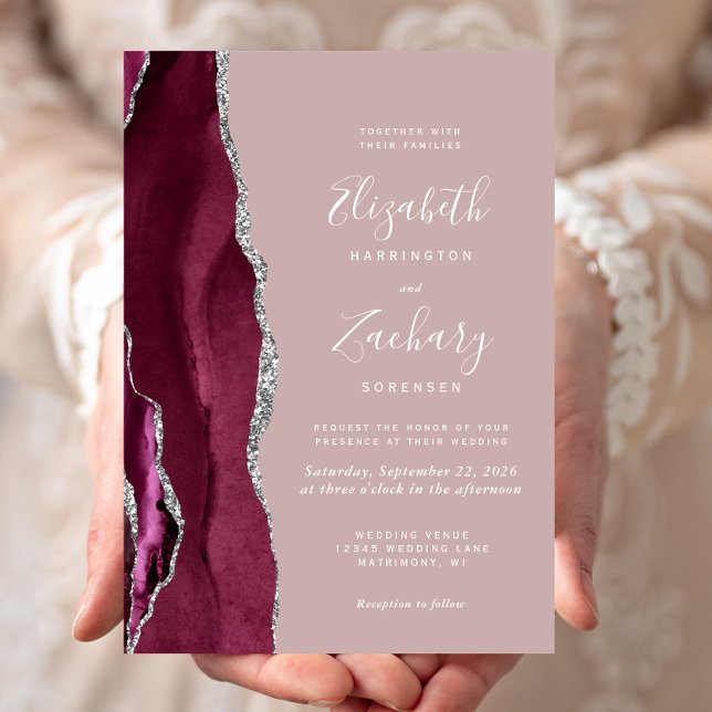 Invitation Moderne Bourgogne Argent Agate Dusty Rose Mariage (Créateur téléchargé)