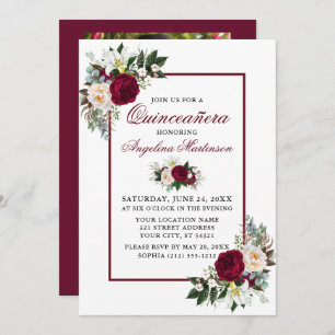Invitation Moderne Bourgogne Flore Verdure Photo Quinceanera