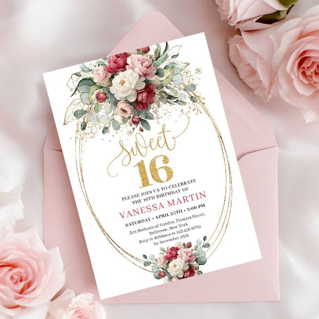 Invitation Moderne Bourguignon Blush Végétal Or Sweet Seize (Modern Burgundy Blush Greenery Sweet Sixteen Invite)