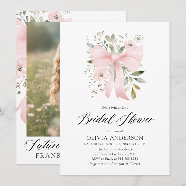 Invitation Moderne Bow rose amour floral dans la Fête des mar (Devant / Derrière)