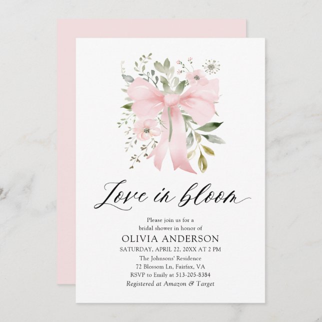 Invitation Moderne Bow rose amour floral dans la Fête des mar (Devant / Derrière)