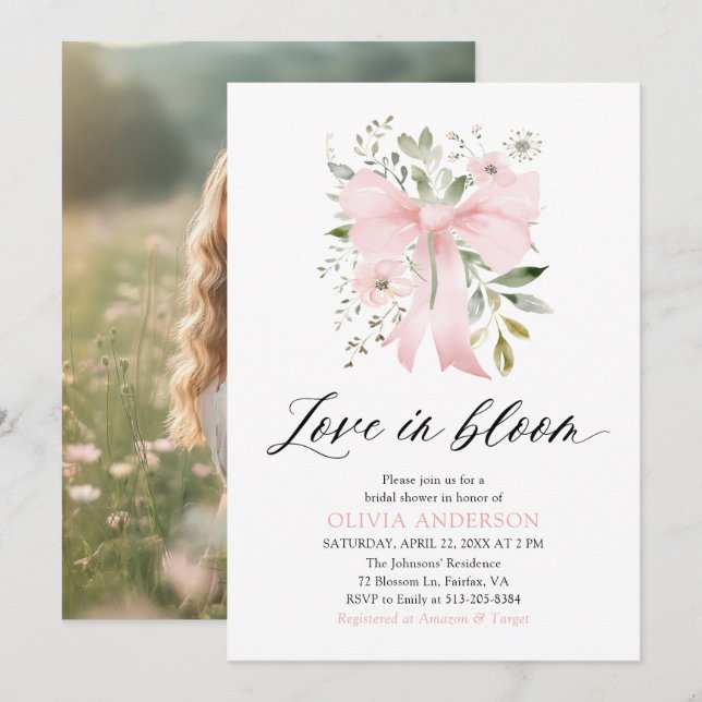 Invitation Moderne Bow rose amour floral dans la Fête des mar (Devant / Derrière)