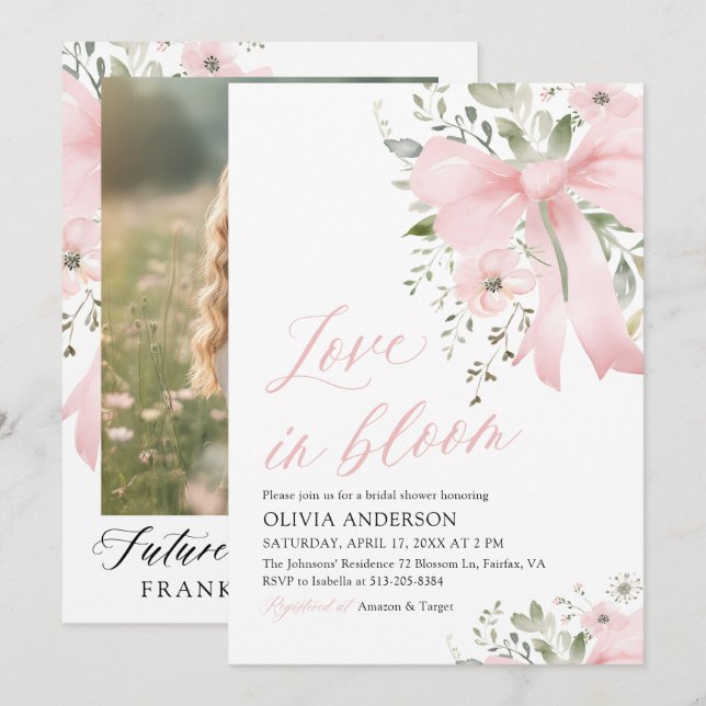 Invitation Moderne Bow rose amour floral dans la Fête des mar (Devant / Derrière)