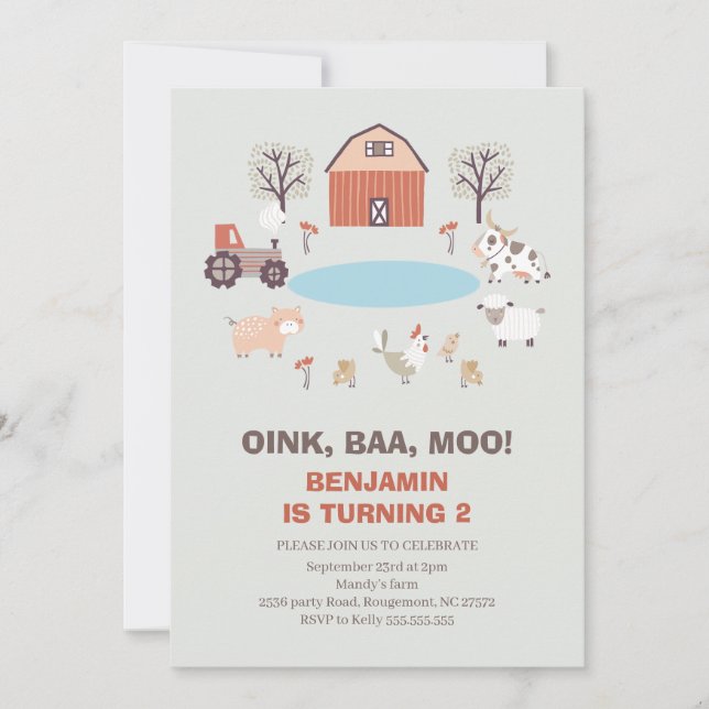 Invitation Moderne Boys Oink Baa Moo Agritourisme Anniversair (Devant)