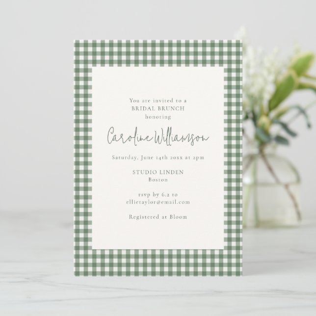Invitation Moderne brunch de mariage gingham vert sauge (Debout devant)