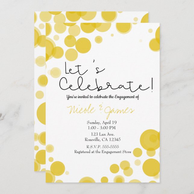 Invitation Moderne Bulles Jaunes et Blancs à Points Celebrent (Devant / Derrière)