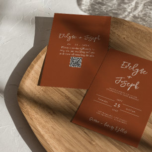 Invitation Moderne Burange Orange Terracotta QR Code Mariage