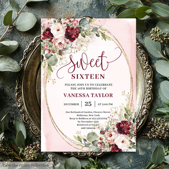 Invitation Moderne Burgundy doré Floral Sweet Seize  (Modern Blush Burgundy Gold Floral Sweet Sixteen Invite

)