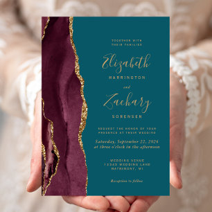 Invitation Moderne Burgundy Gold Agate Mariage Turquoise