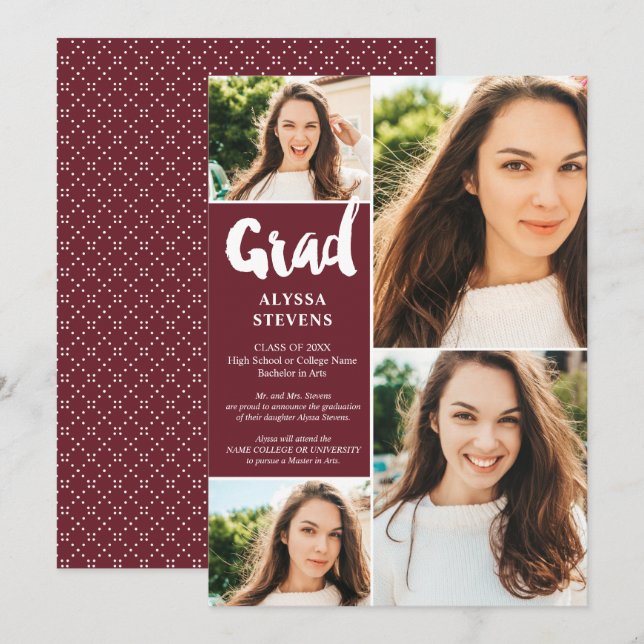 Invitation Moderne burgundy Grad script 4 photos graduation (Devant / Derrière)