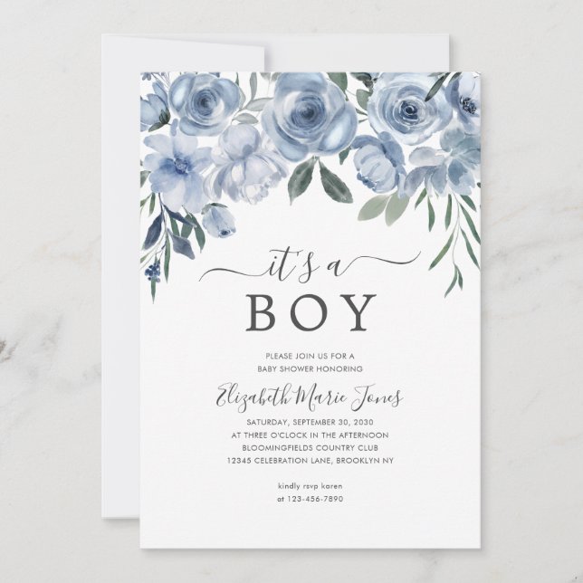 Invitation Moderne C'est un garçon Dusty Blue Floral Baby sho (Devant)