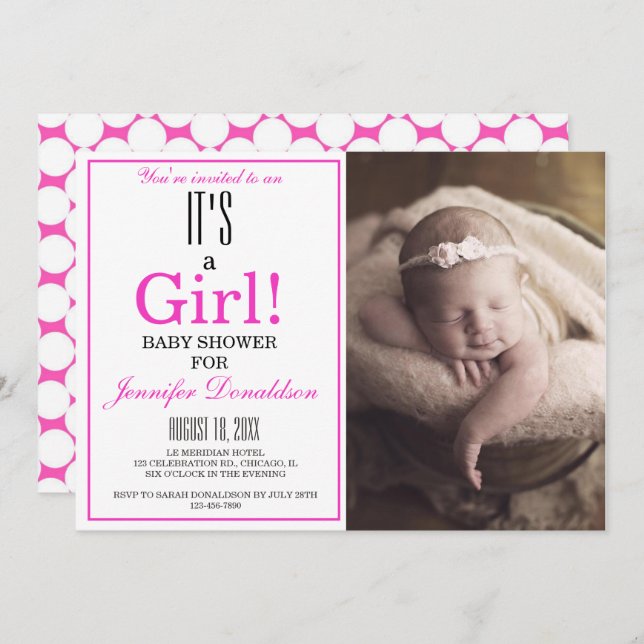 Invitation Moderne C'est une fille ! Baby shower photo rose (Devant / Derrière)