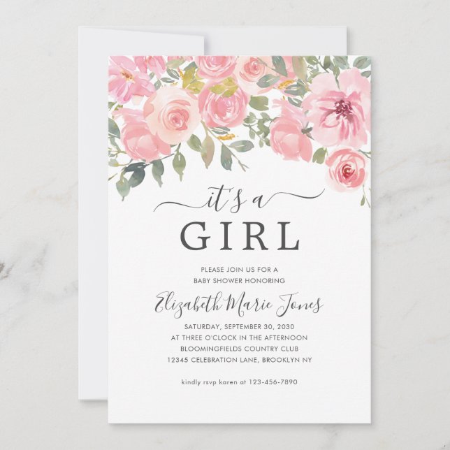 Invitation Moderne C'est une fille Blush Baby shower floral r (Devant)
