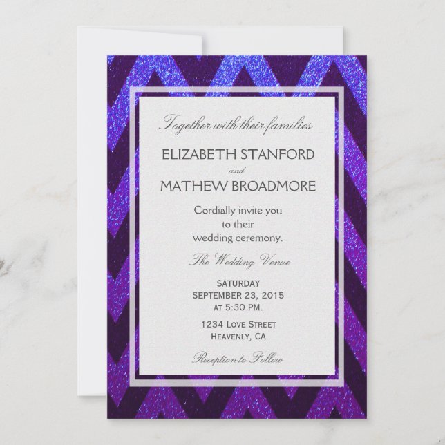 Invitation Moderne Chevron bleu et violet (Devant)