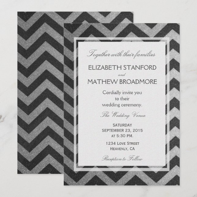 Invitation Moderne Chevron noir et argent (Devant / Derrière)