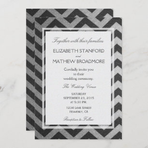 Invitation Moderne Chevron noir et argent